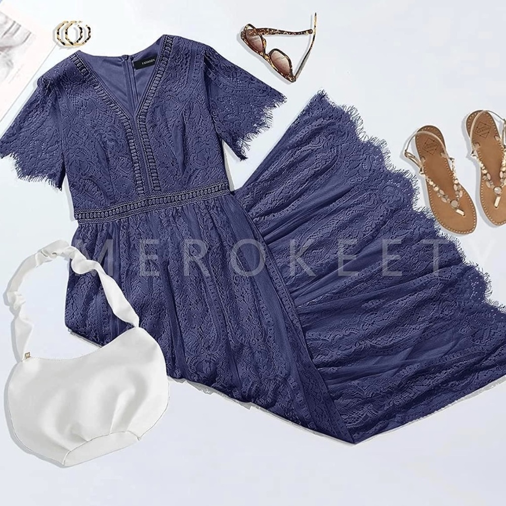 Merokeety Women's V Neck Short Sleeve Floral Lace Dress (M) Navy